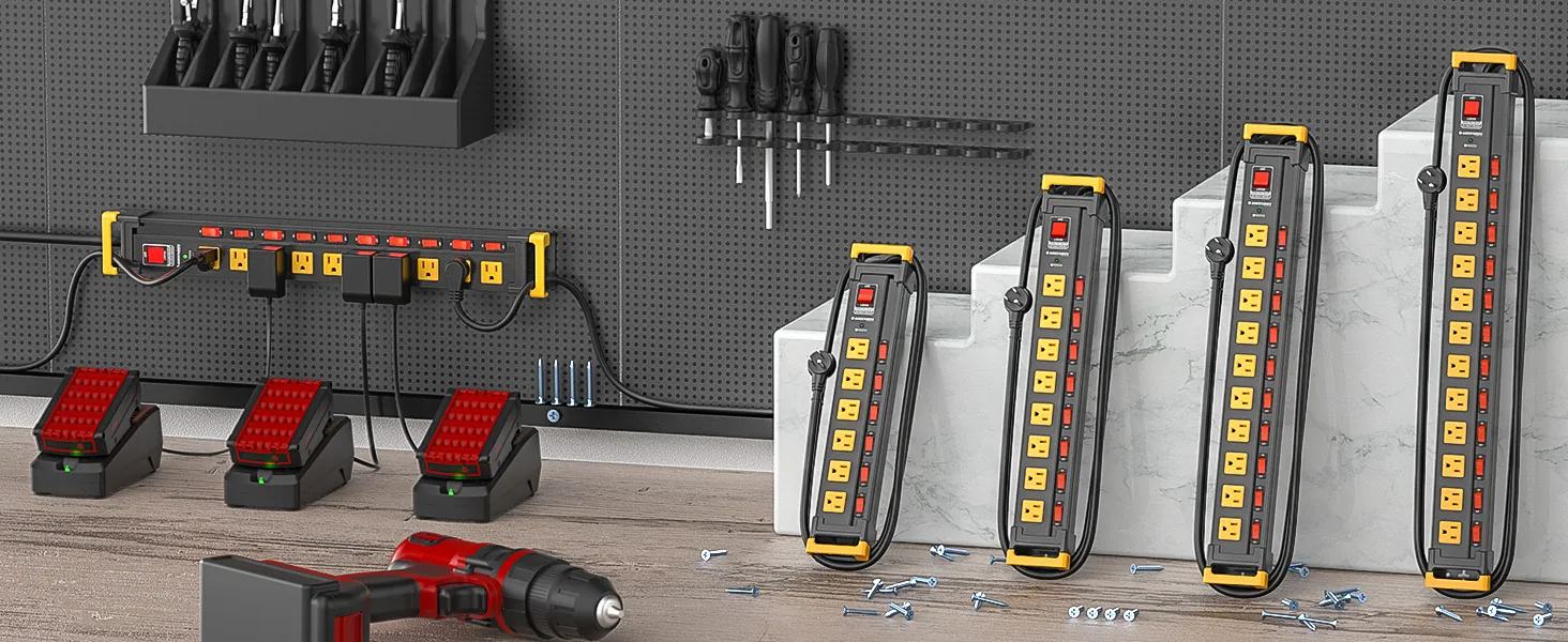The four Heavy Duty strips standing in a row on a workbench, with a fifth mounted on a pegboard.