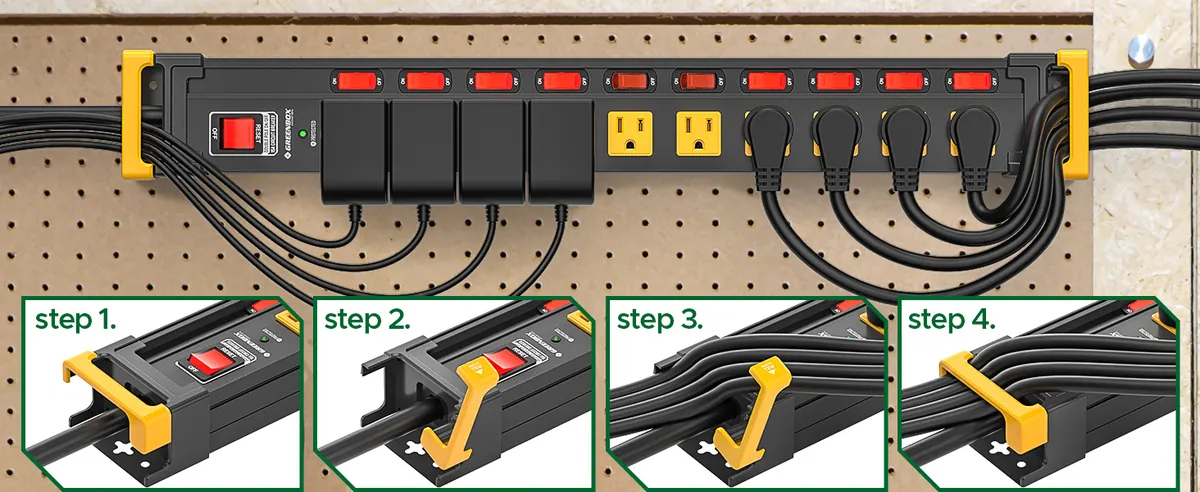 Cord management in four steps: the end caps open, take the cords and close.