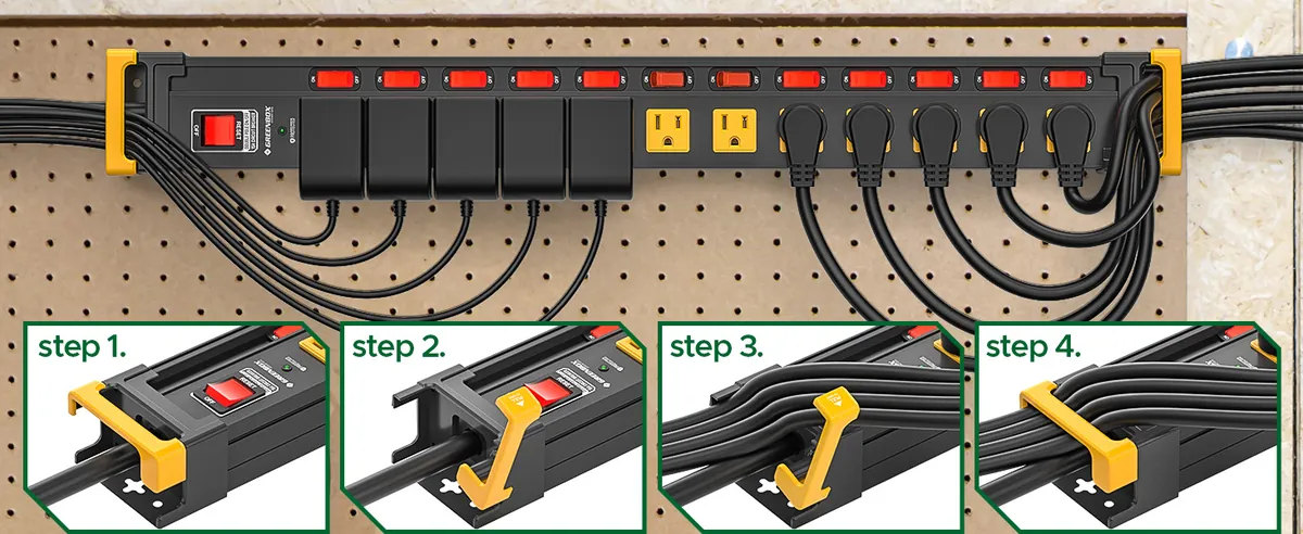 Cord management in four steps: the end caps open, take the cords and close.