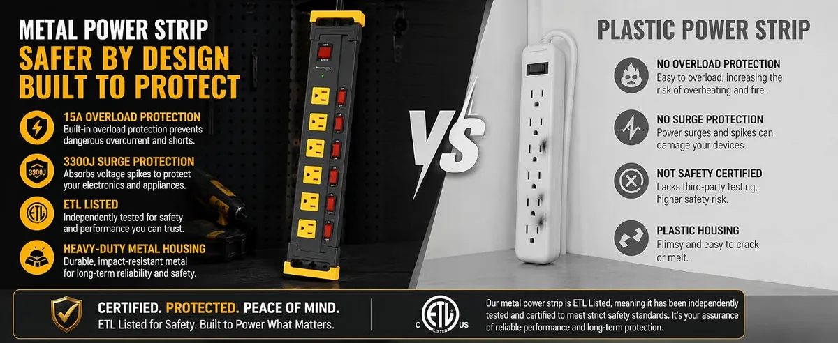 Metal housing compared with a typical plastic strip.