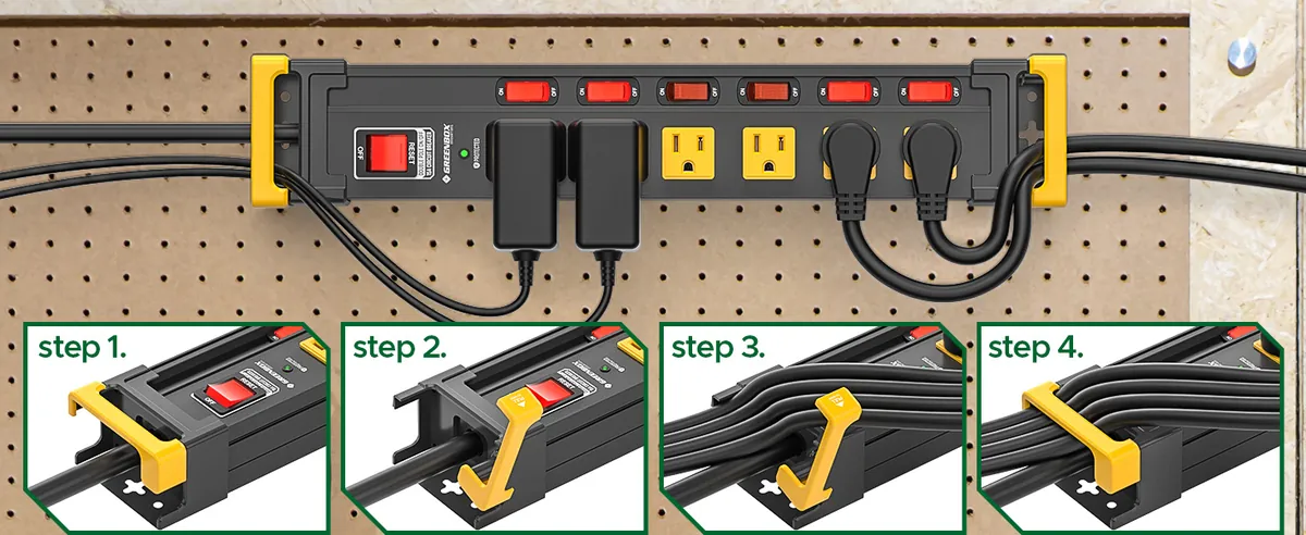 Cord management in four steps: the end caps open, take the cords and close.