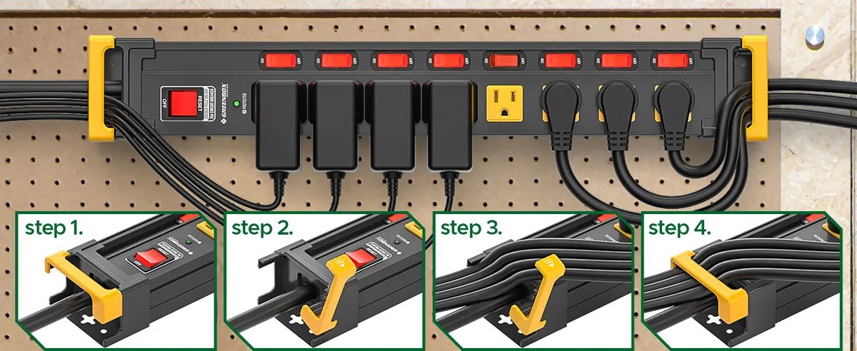 Cord management in four steps: the end caps open, take the cords and close.